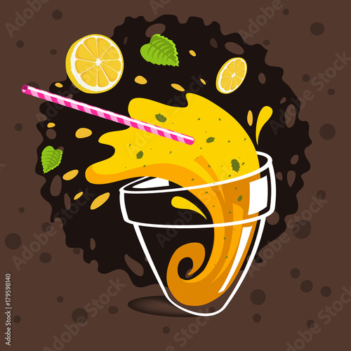 Glass Of Spilling Lemonade Making Splash Flying Sliced Lemons,  