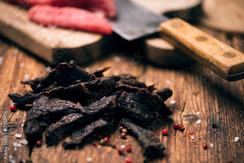 Bilde på lerret Smoked beef jerky on on a table