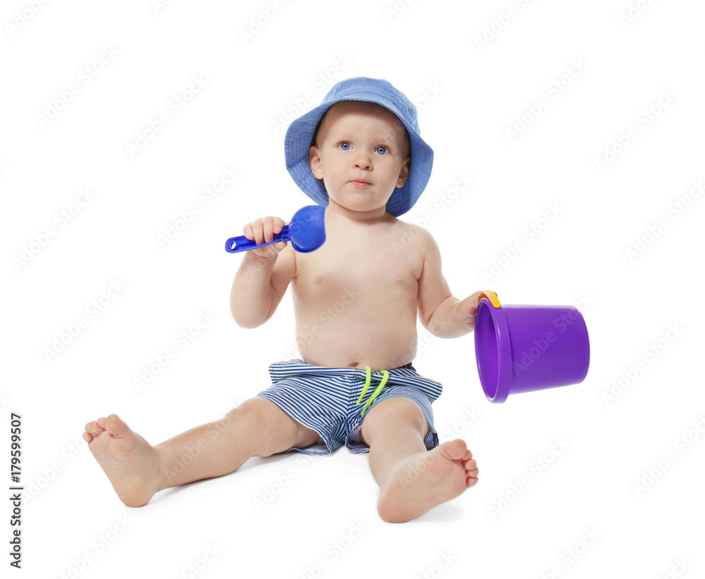 Cute little baby with toys, isolated on white Cute little baby with toys, isolated on white