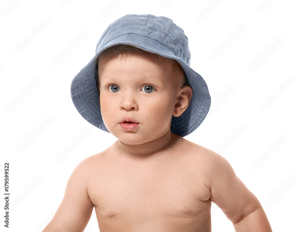 Cute little baby in hat, isolated on white Cute little baby in hat, isolated on white