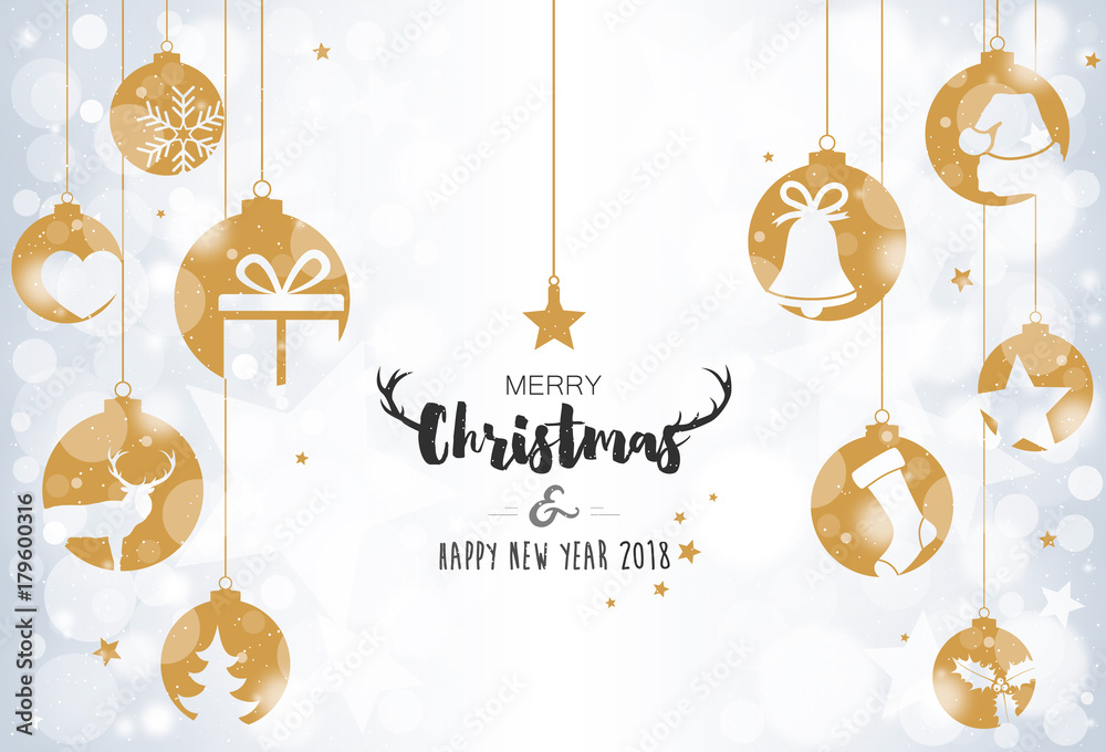 Christmas card with hanging balls on bokeh