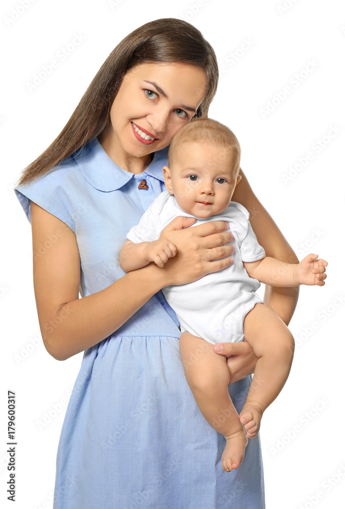 Happy young woman with cute baby on white background Happy young woman with cute baby on white background