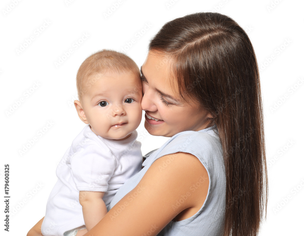 Happy young woman with cute baby on white background Happy young woman with cute baby on white background