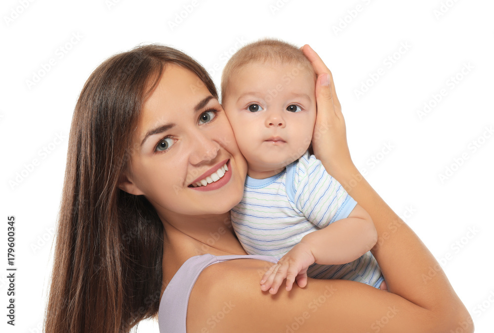 Happy young woman with cute baby on white background Happy young woman with cute baby on white background