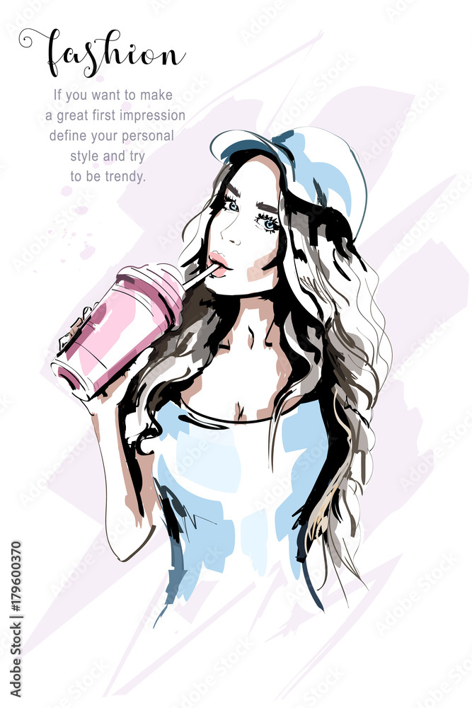 Hand drawn beautiful woman portrait. Fashion woman in cap. Stylish girl with coffee mug. Sketch. Hand drawn beautiful woman portrait. Fashion woman in cap. Stylish girl with coffee mug. Sketch.