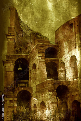 Digital illustration simulate antique oil painting or roman ruins. Original background of Colosseum with fresco effect. photo