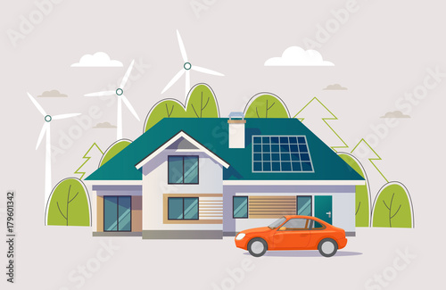 Green energy an eco friendly traditional and modern house with car