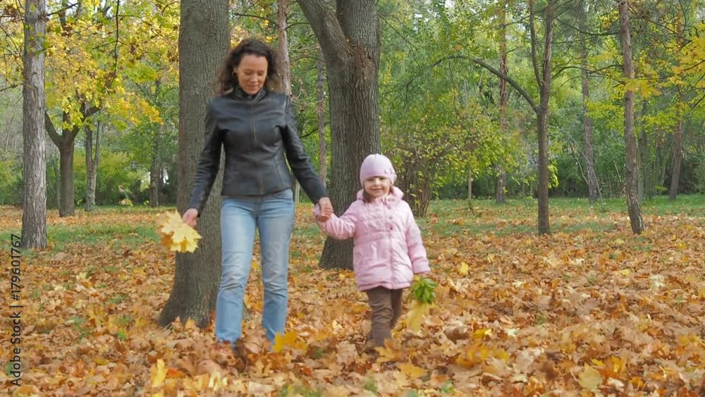 Happy family in autumn park. Mother and daughter are walking along the autumn leaves. Happy family in autumn park. Mother and daughter are walking along the autumn leaves.