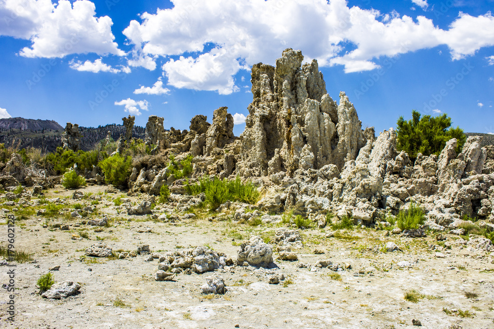 Mono Lake, a large, shallow saline soda lake in Mono County, California, with tufa rock formations