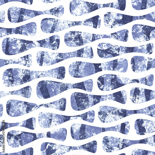 Acrylic seamless pattern with abstract elements. Blue elements with acrylic texture on white background. Hand drawn seamless pattern isolated on white background.