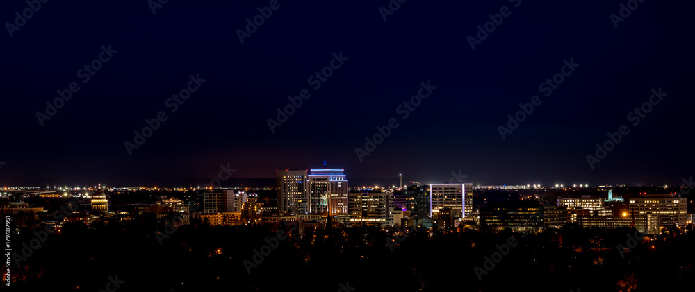 Boise Idaho skyline at night with lights on