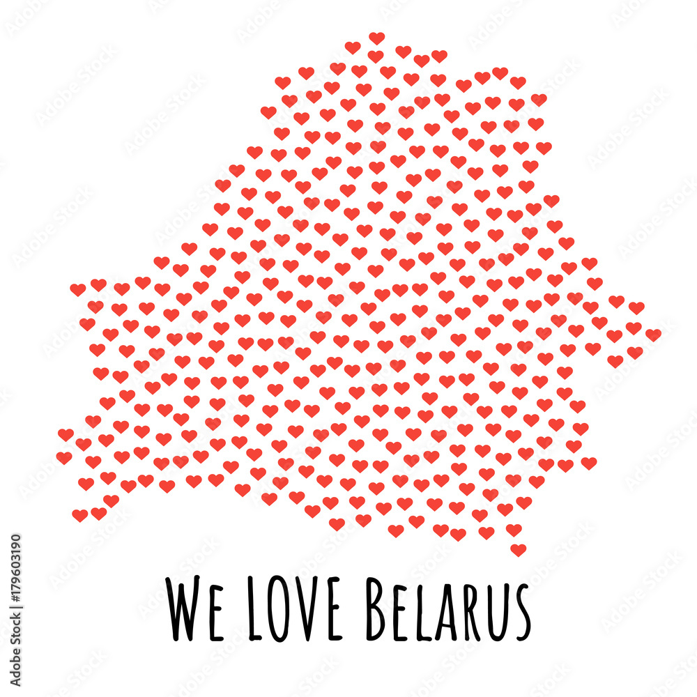Belarus Map with red hearts - symbol of love. abstract background
