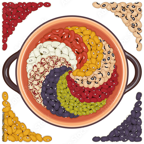 Clay pot with various types of dried colored beans and outer frame