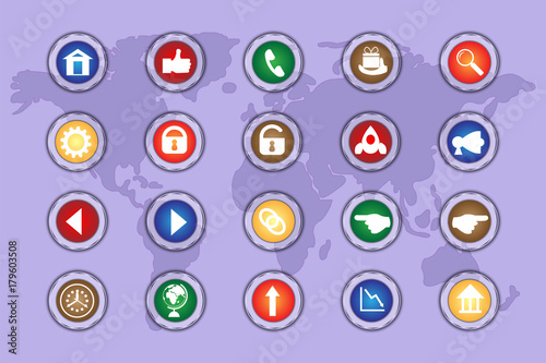 A set of icons on colored buttons with transparent elements. Part 5