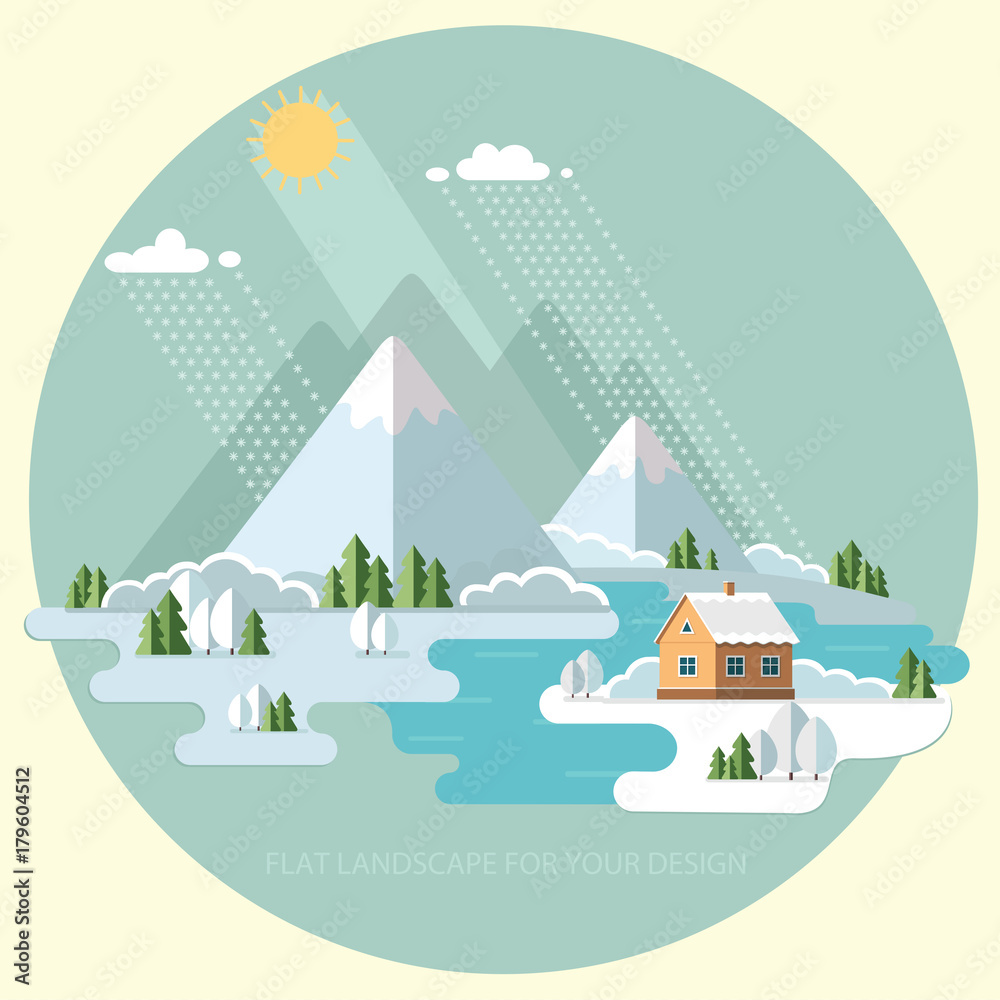 Winter landscape mountains snow-capped hills. flat vector illustration