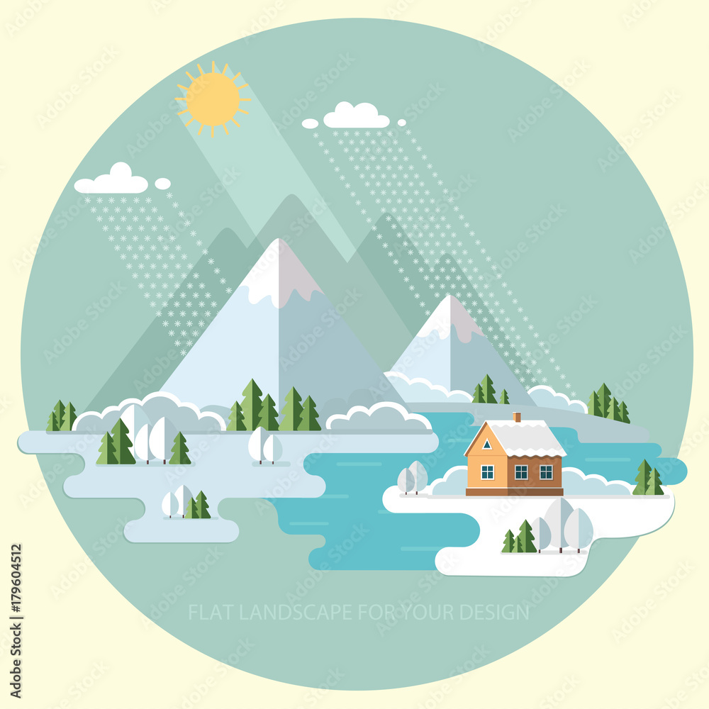 Naklejka premium Winter landscape mountains snow-capped hills. flat vector illustration