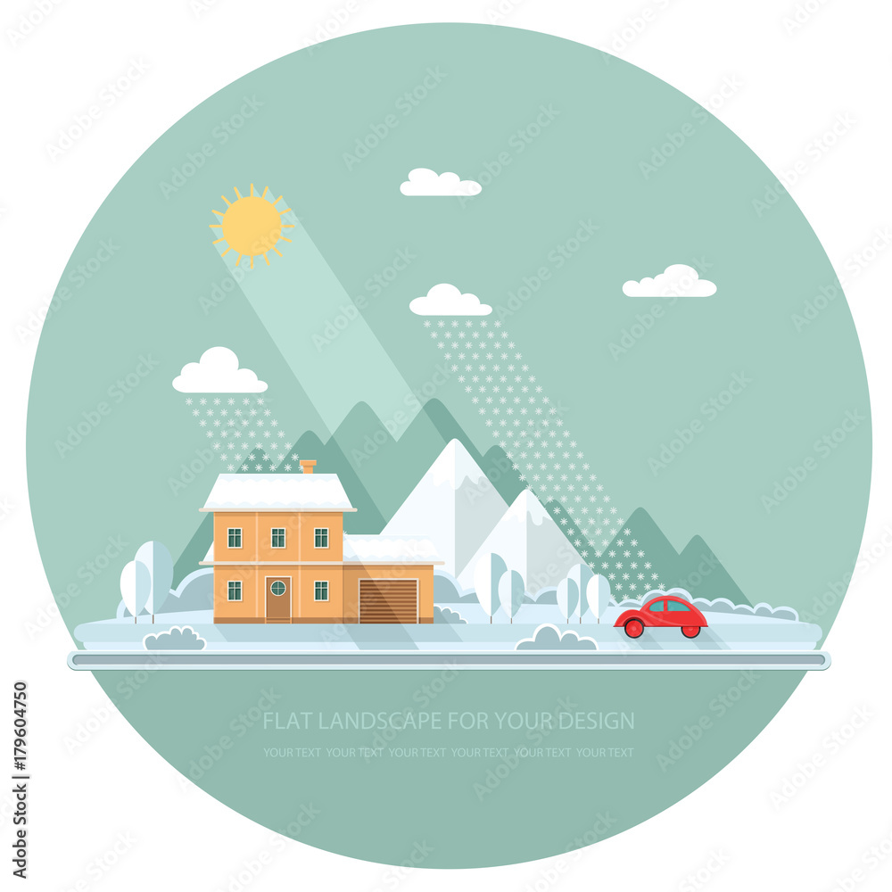 Naklejka premium Winter landscape mountains snow-capped hills. flat vector illustration