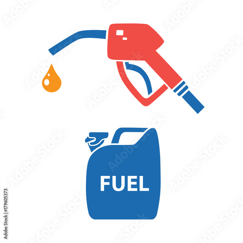 Fuel pump nozzle with drop and jerry can isolated. Gas filling station icons.