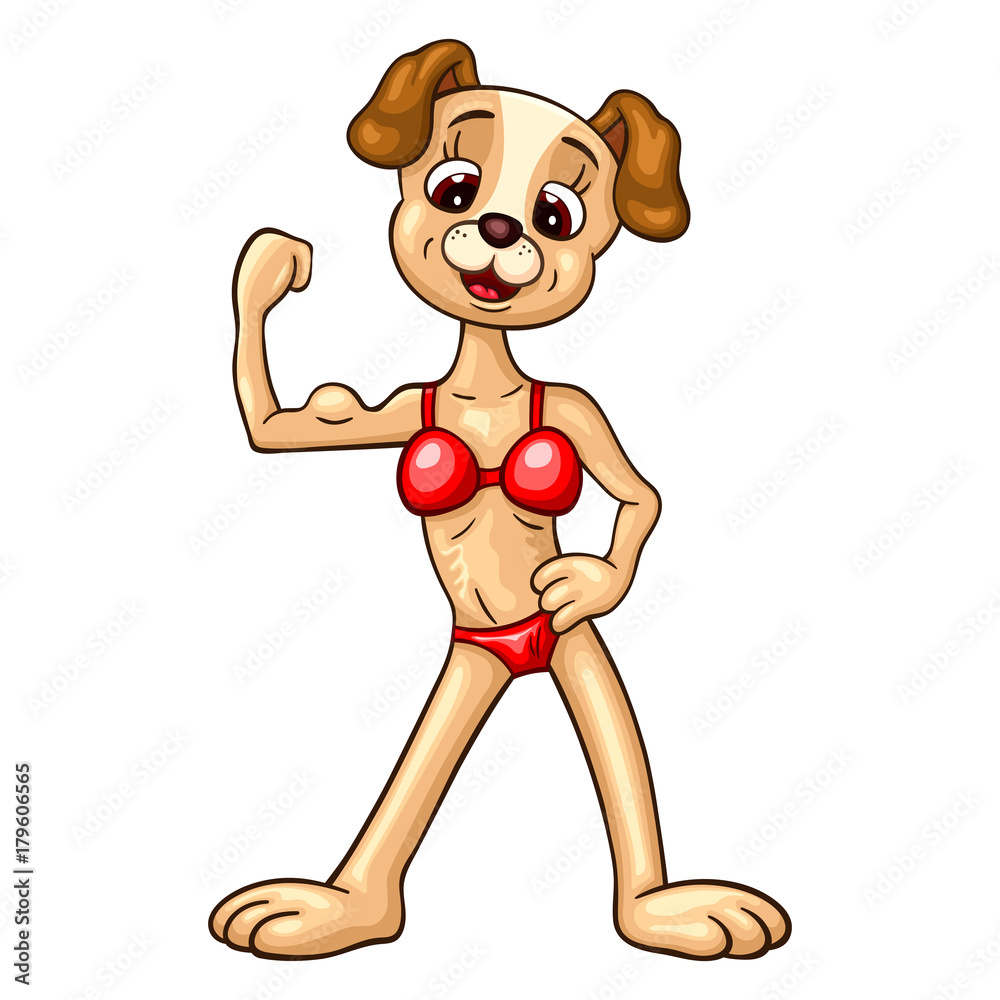 Cute female dog in a fitness bikini shows her biceps. Funny cartoon  character Stock Vector | Adobe Stock