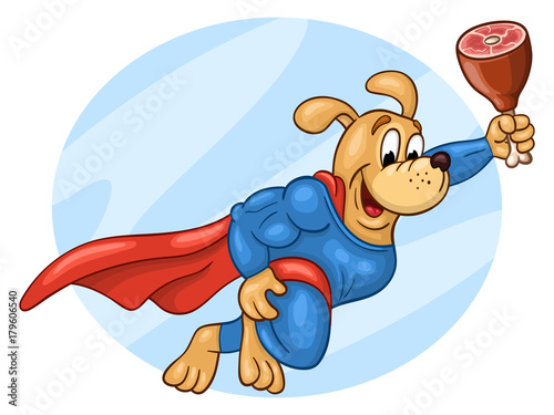 Flying muscular dog in super hero suit with big piece of gammon against  the sky