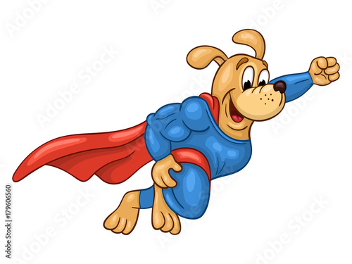 Flying muscular dog in super hero suit on white background