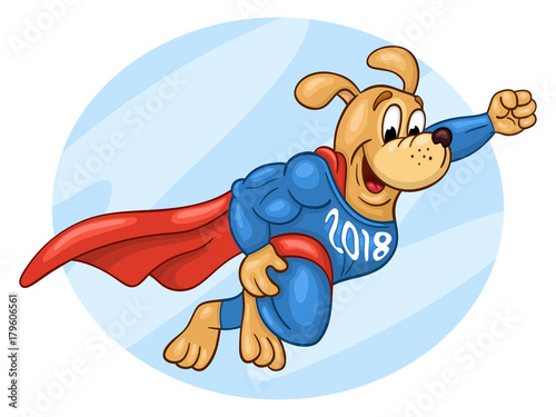 Flying muscular dog in super hero suit with 2018 lettering on his chest. 2018 Chinese New Year of the dog