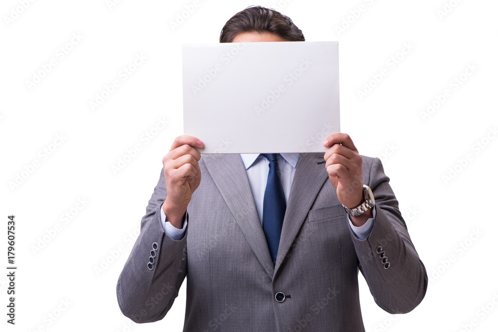 Businessman with blank message board isolated on white Businessman with blank message board isolated on white