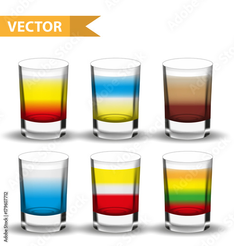 Realistic set  shots cocktails. 3d Shot with drinks for bars, restaurans collection. Glass cup liqueur. Isolated on white background. Vector illustration