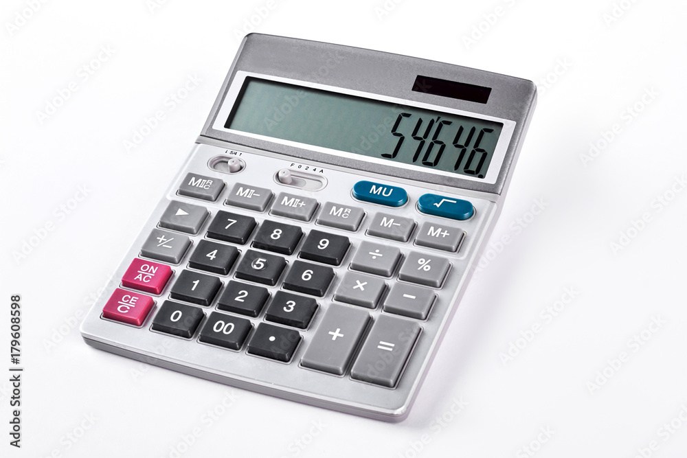 Silver calculator isolated on white background. Gray calculator over white background. Silver calculator isolated on white background. Gray calculator over white background.