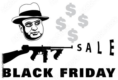 Mafia boss with submachine gun shooting text sale and dollars sign as firing smoke. Black friday sale concept. Flat design graphics. 1920 - 1930 years vintage style.