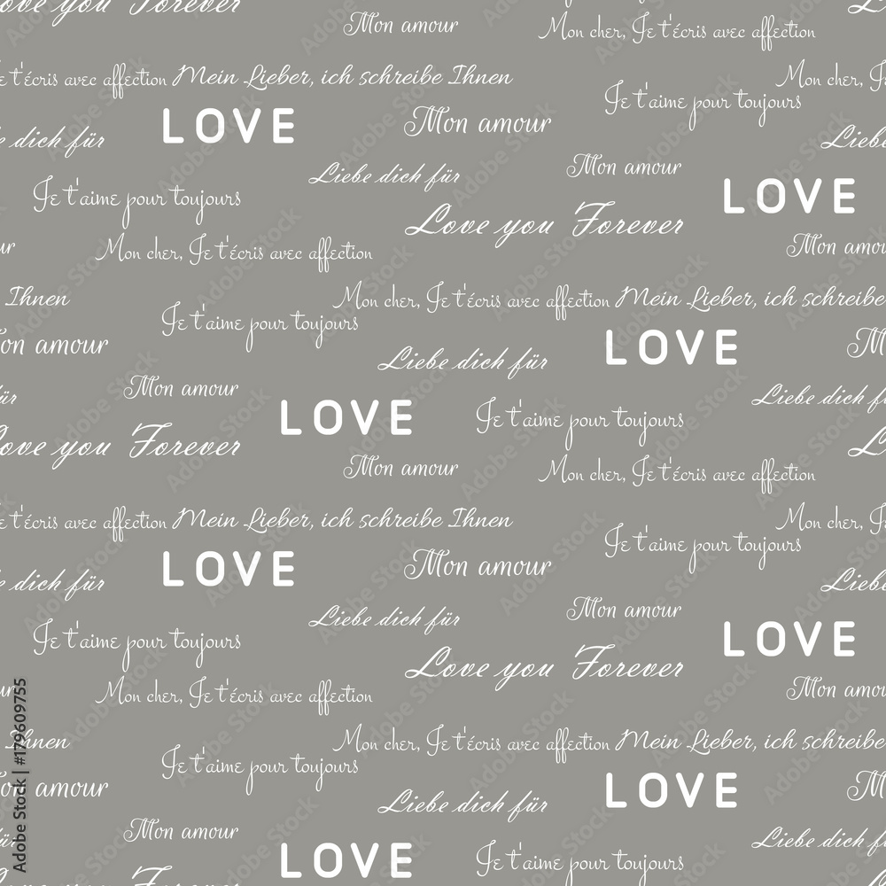 Love letters seamless vector gray pattern. Romantic valentine wrap paper white text design. Love letters seamless vector gray pattern. Romantic valentine wrap paper white text design.