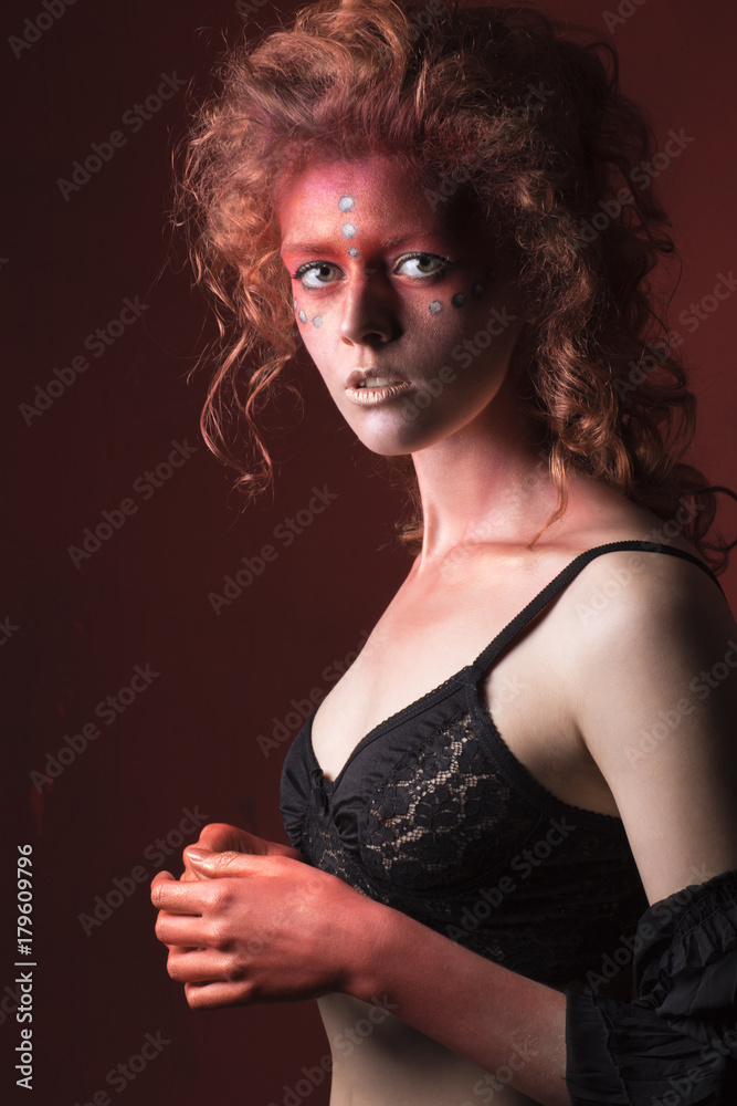 Fototapeta premium red head curly hair white girl model female black dress underwear lingerie make up 