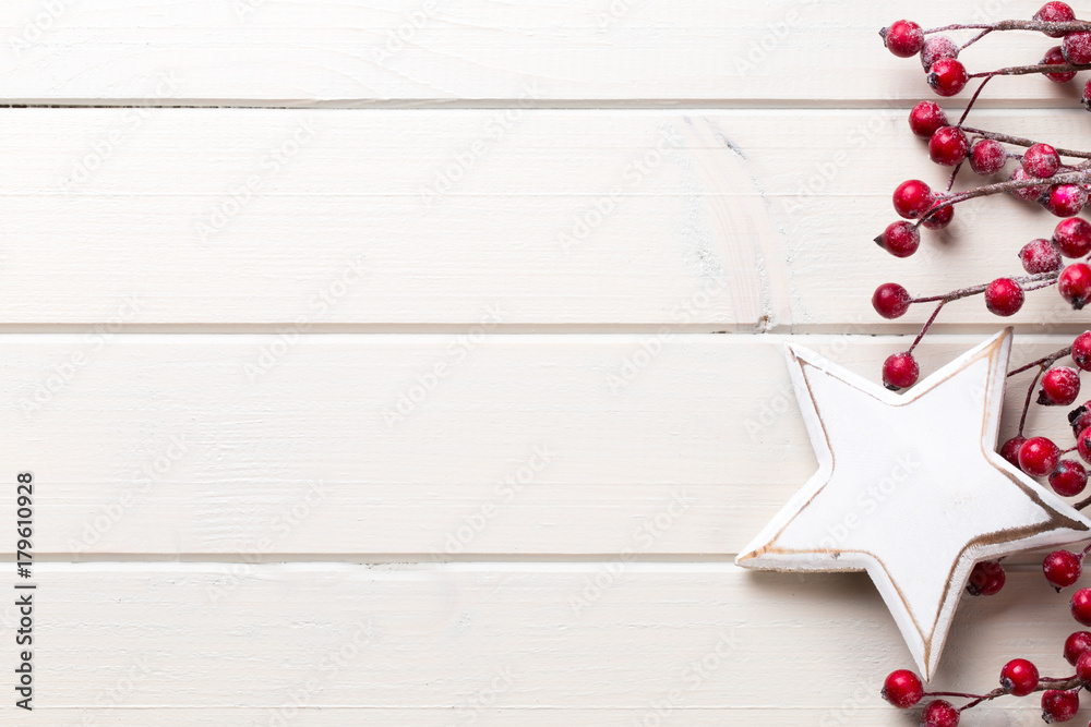 Christmas decor on the wooden white background. Christmas decor on the wooden white background.