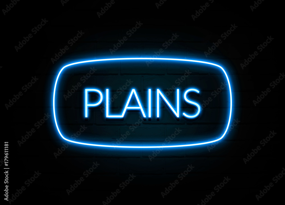 Plains - colorful Neon Sign on brickwall Plains - colorful Neon Sign on brickwall