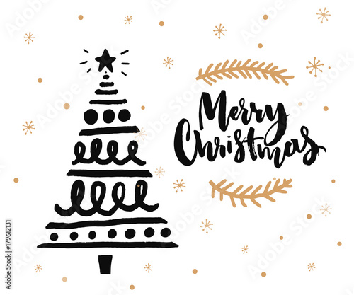 Christmas card design with brush calligraphy and hand sketched decorated Christmas tree. Black ink on white background and golden snowflakes.