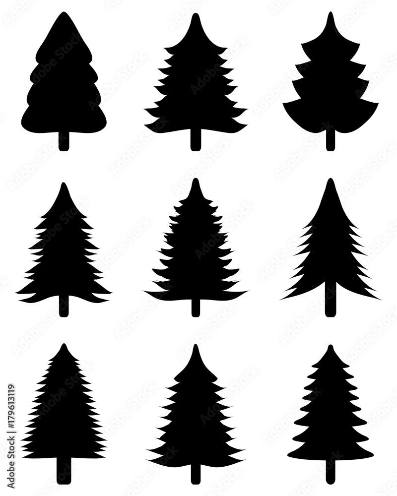 Obraz premium Set of black Christmas trees on a white background