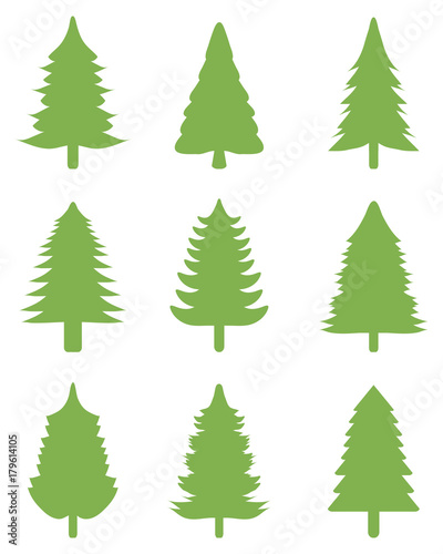 Set of green Christmas trees on a white background