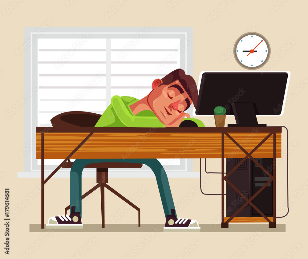 Tired man office worker character sleeping on workplace. Vector flat cartoon  illustration Stock Vector | Adobe Stock
