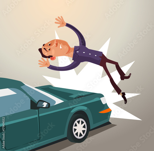 Drunk driver hit man by car. Road accident concept. Vector flat cartoon illustration