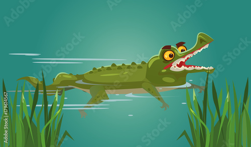 Happy smiling crocodile character swimming. Vector flat cartoon illustration