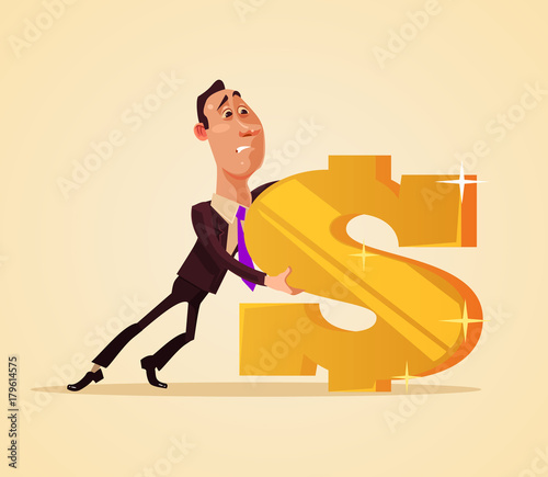 Office worker businessman character pull dollar sign. Vector flat cartoon illustration