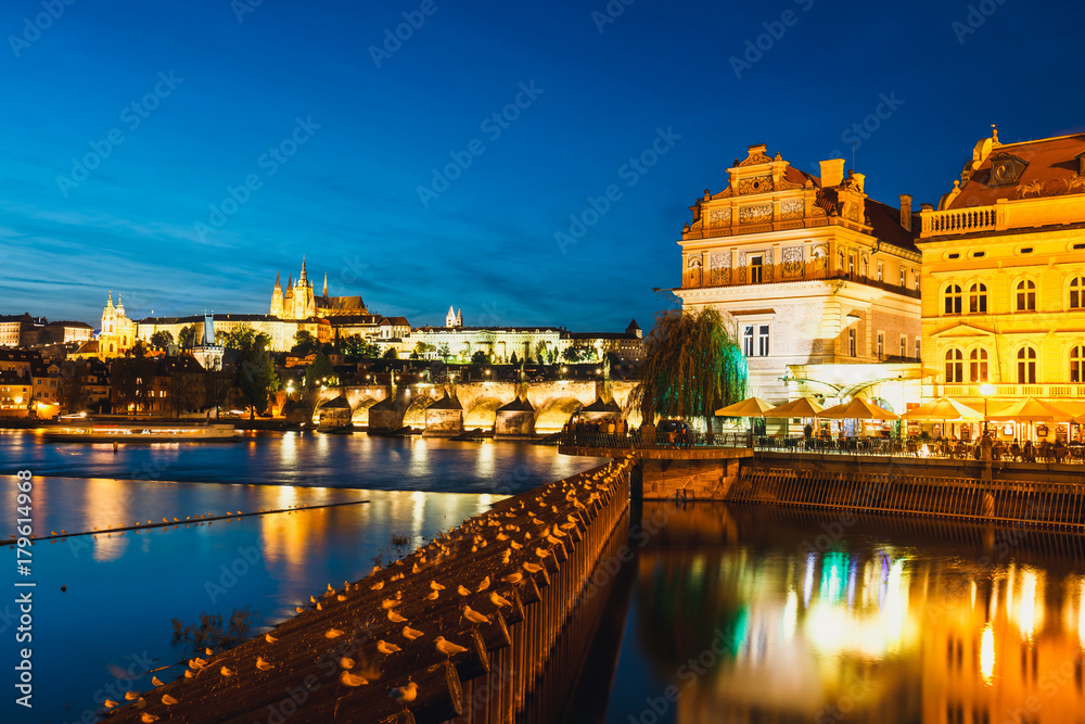 Historical center of Prague durin sunset with castle and Charles Bridge, Czech Republic