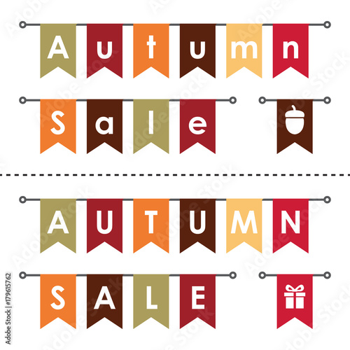 Bunting garland flags with autumn sale text in upper and lower case lettering and fall icons. Illustration of autumn sale hanging flags isolated on white background.