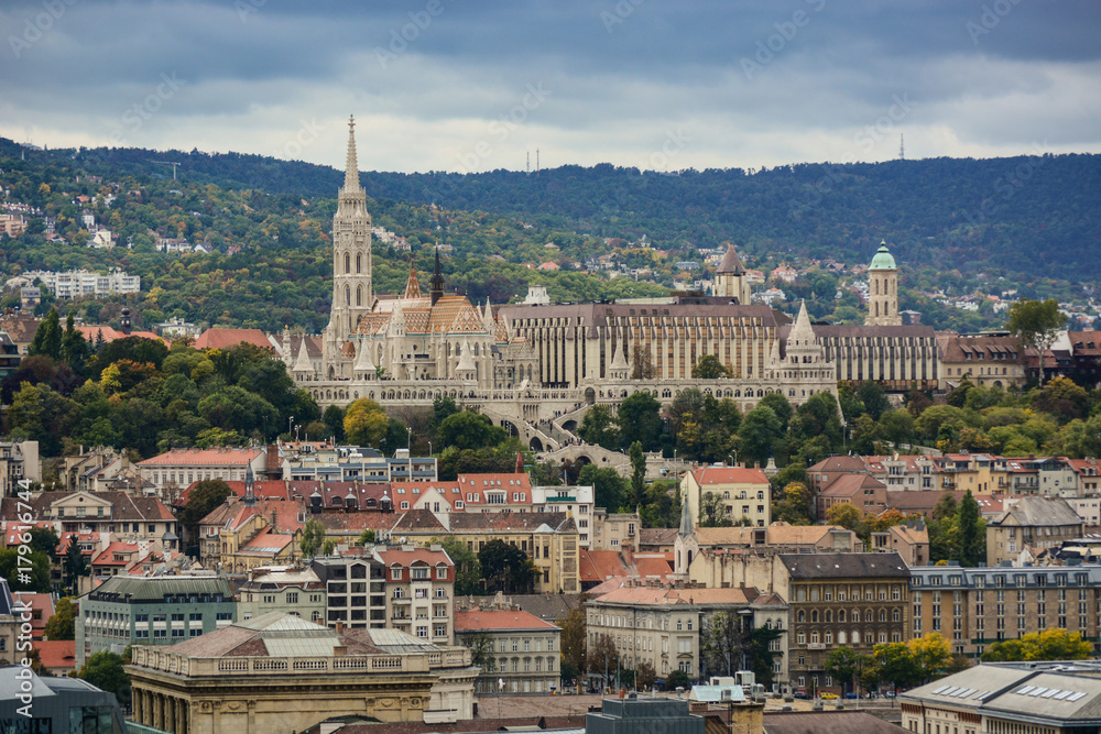 Cityscape of Budapest, Fisherman's Bastion and beautiful hills, Hungary. Old european town