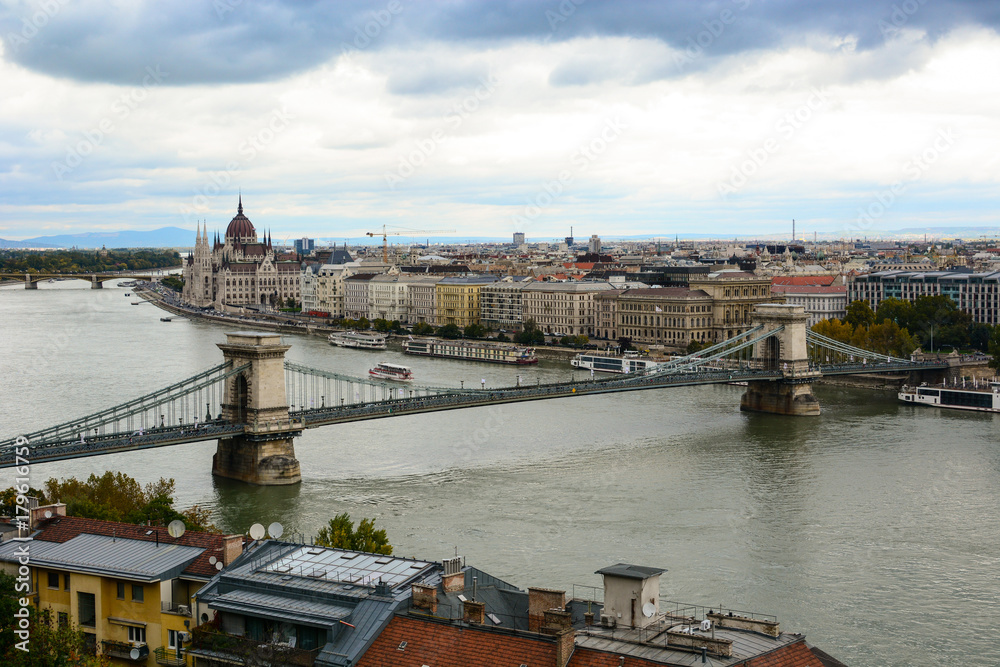 Cityscape of Budapest with Hungarian Parliament, Danube river and Szechenyi Chain Bridge 