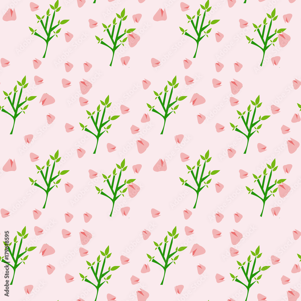 rami verdi e fiori rosa su sfondo rosa Stock Illustration | Adobe Stock