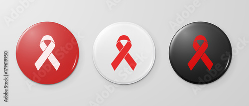 Aids Awareness Red Ribbon on the circle button badge pin icon set. World Aids Day concept. Design template closeup isolated on white background. EPS10 vector illustration