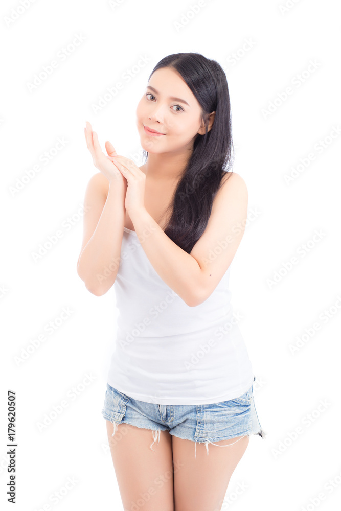 Portrait of beautiful asian woman makeup of cosmetic, girl touch hand smile attractive, face of beauty perfect with wellness isolated on white background with skin healthcare concept. Portrait of beautiful asian woman makeup of cosmetic, girl touch hand smile attractive, face of beauty perfect with wellness isolated on white background with skin healthcare concept.