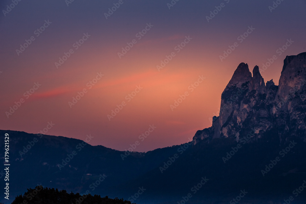 Mount Sciliar dolomitic pinnacles at the end of day, South Tyrol/Alto Adige, Italy