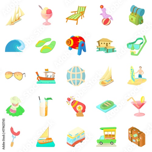Wedding trip icons set, cartoon style